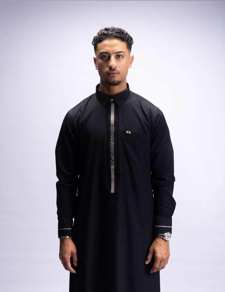 Amaani Ace Thobe in black, premium shirt collar men's thobe with embroidered placket, South Africa