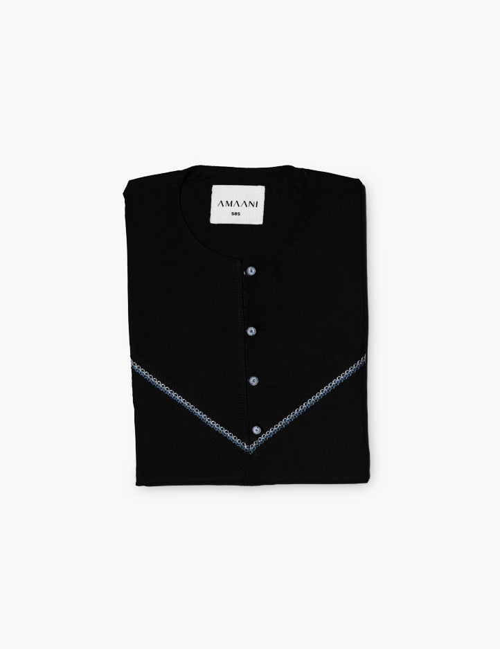 Amaani Utopia Kandura, black Emirati style thobe with two tone embroidery on the placket
