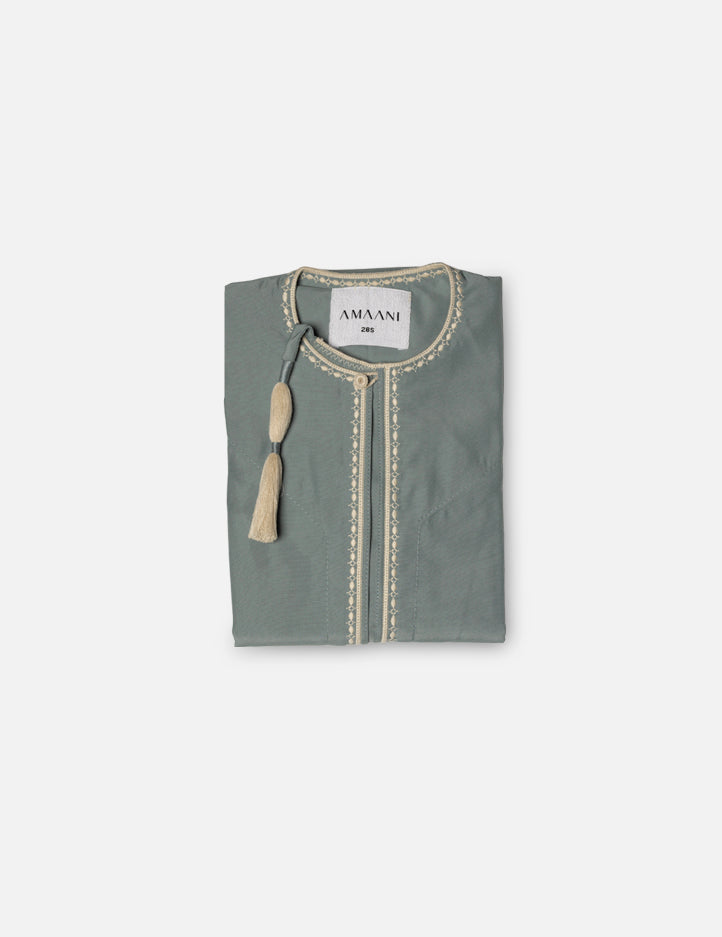 Amaani Aura Omani Kids thobe, stone blue with cream contrast placket, boys Omani style
