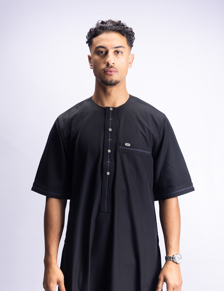 Amaani Eclipse collarless short sleeve thobe in jet black - premium men's thobe, South Africa