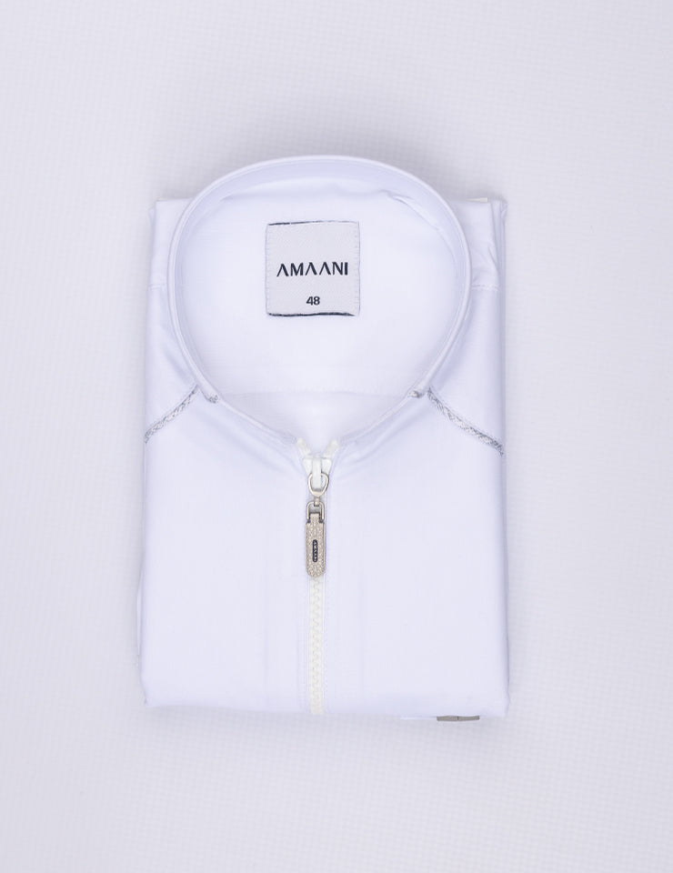 White Amaani Edge Kids Thobe - modern boys thobe with mandarin collar and zip, South Africa