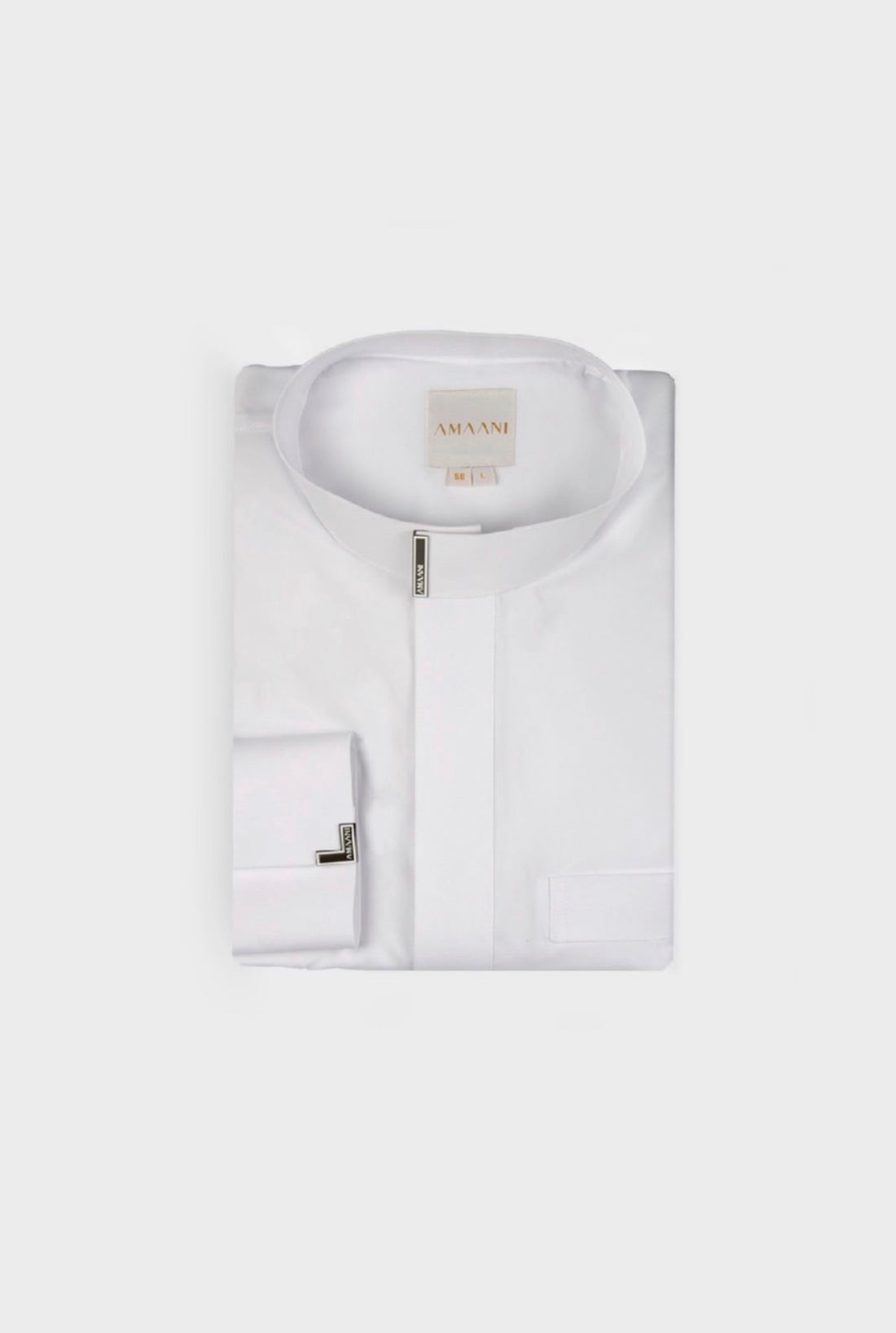 Amaani Luxe 2.0 thobe in crisp white, folded with matching Amaani buttons at collar and cuff