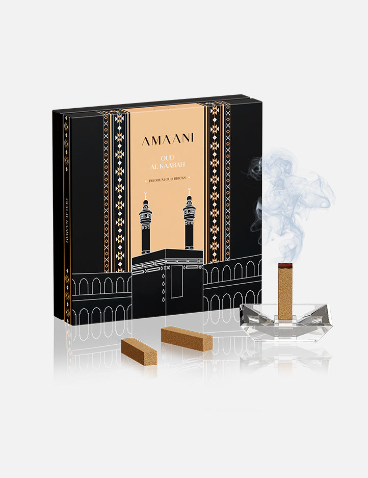 Amaani Oud Bricks Oud Al Kaabah bakhoor set, main view of the Taif rose and saffron incense bricks