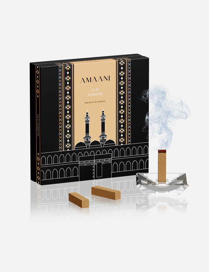 Amaani Oud Bricks Oud Makkah bakhoor set, main view of the rose, jasmine and sandalwood incense bricks