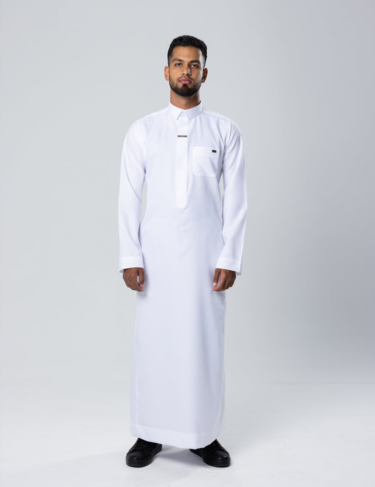 Amaani Fakhama Saudi Thobe in white, full-length view - premium Saudi thobe South Africa