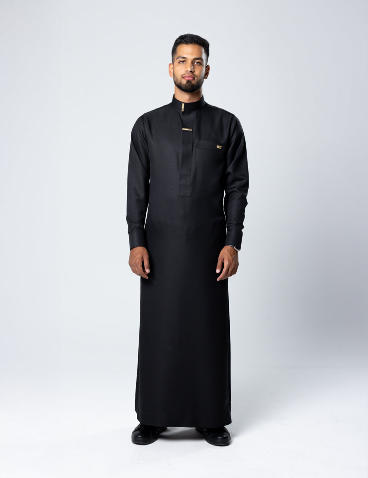 Amaani Nibras Saudi Thobe in black, full-length view - premium men's Saudi thobe South Africa