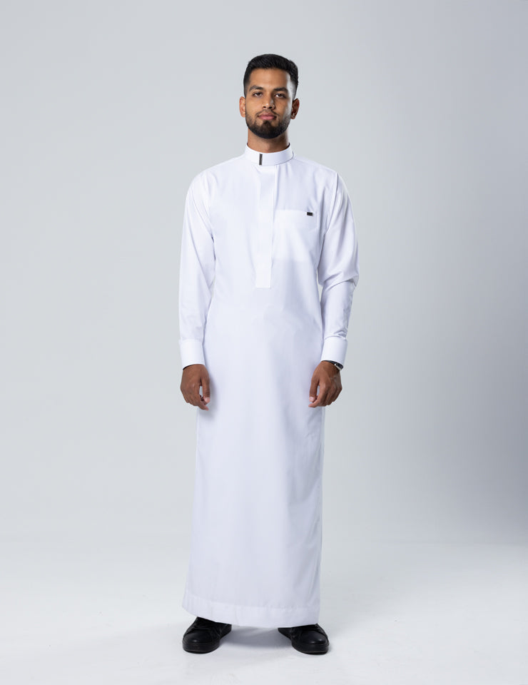 Amaani Sakeen Saudi Thobe in white, full-length view - classic Saudi thobe South Africa