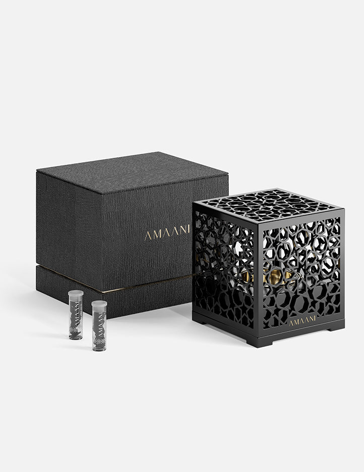 Amaani Mashrabiya Bakhoor Burner gift set presented in its premium gift box