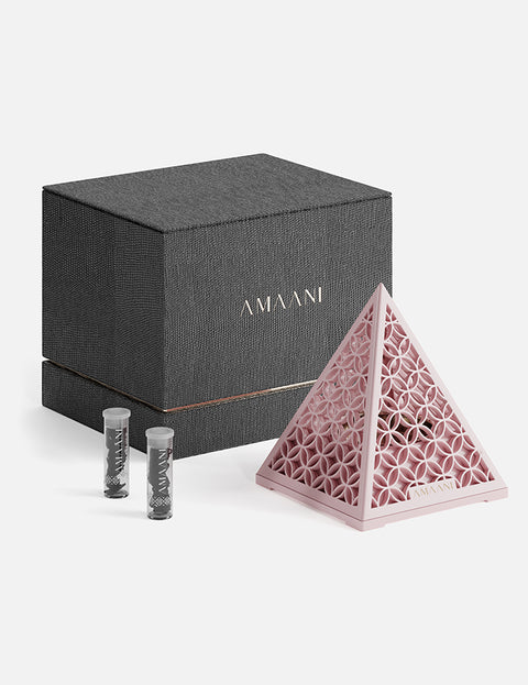 Amaani Pyramid Bakhoor Burner with intricate Arabic geometric patterns, premium incense burner for the home