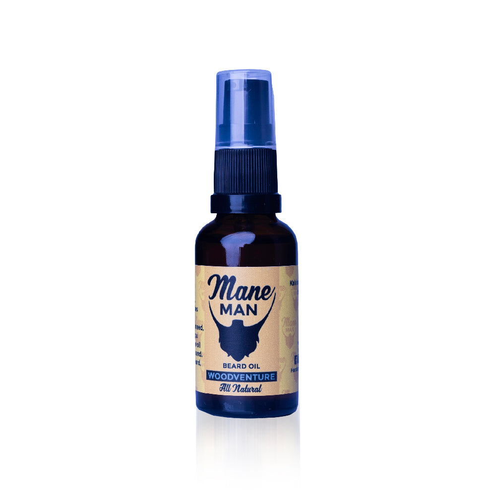Mane Man Woodventure beard oil 30ml bottle with sandalwood, bergamot and cedarwood notes