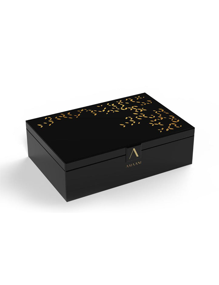 Amaani Luxury Nikah Gift Box in black with beige suede interior, a glass keepsake box