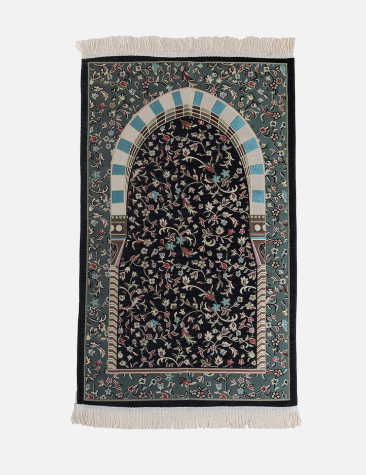 Black Al Rawda Musallah, premium woven prayer mat with detailed Al-Masjid Al-Nabawi print, Amaani South Africa