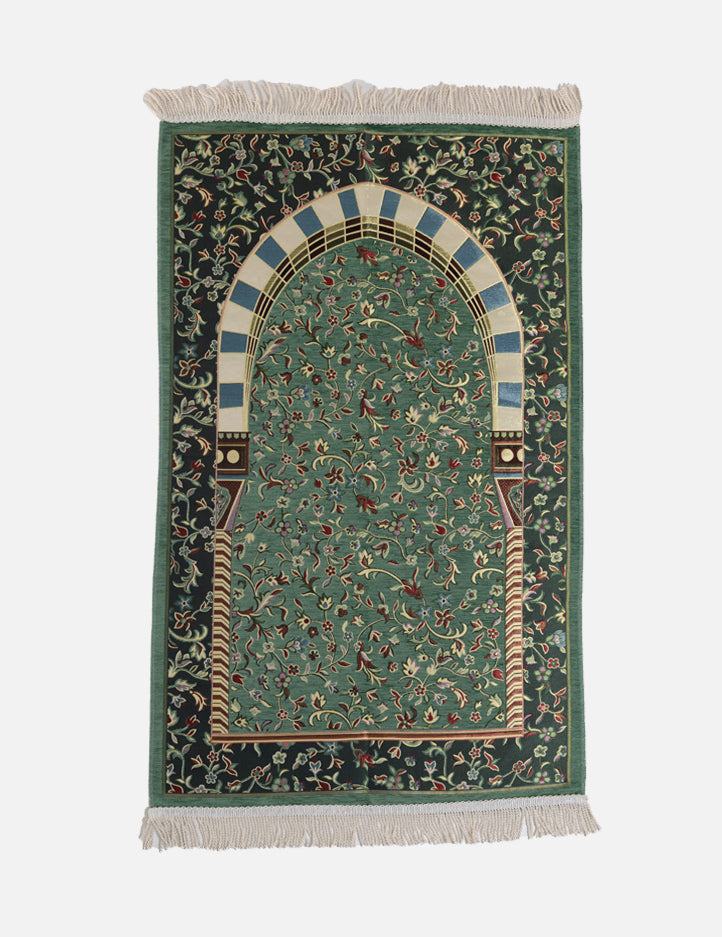 Green Al Rawda Musallah prayer mat showing the Prophet's Mosque in Medinah, premium musallah by Amaani