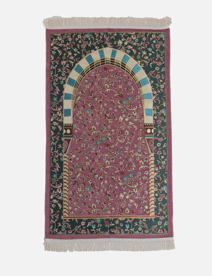 Al Rawda Musallah in pink, prayer mat showing the printed architecture of the Prophet's Mosque, Medinah