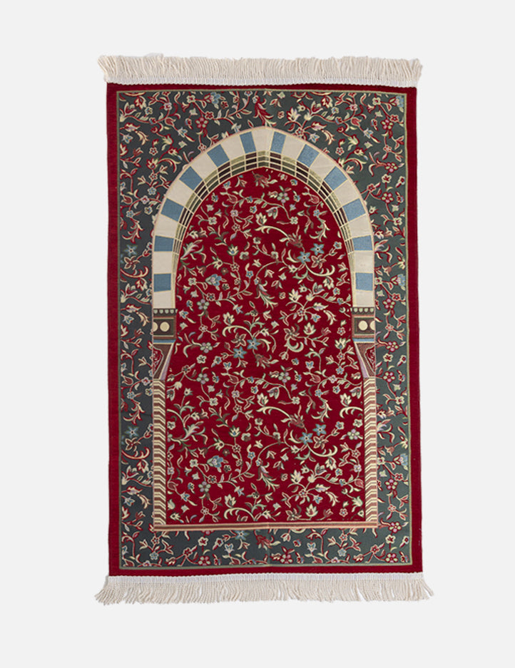 Al Rawda Musallah in Red, full-size prayer mat printed with Al-Masjid Al-Nabawi architecture, Amaani South Africa