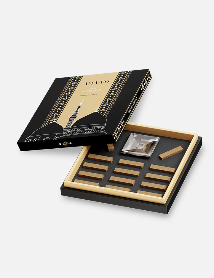 Amaani Oud Al Medinah oud bricks in an open gift tray