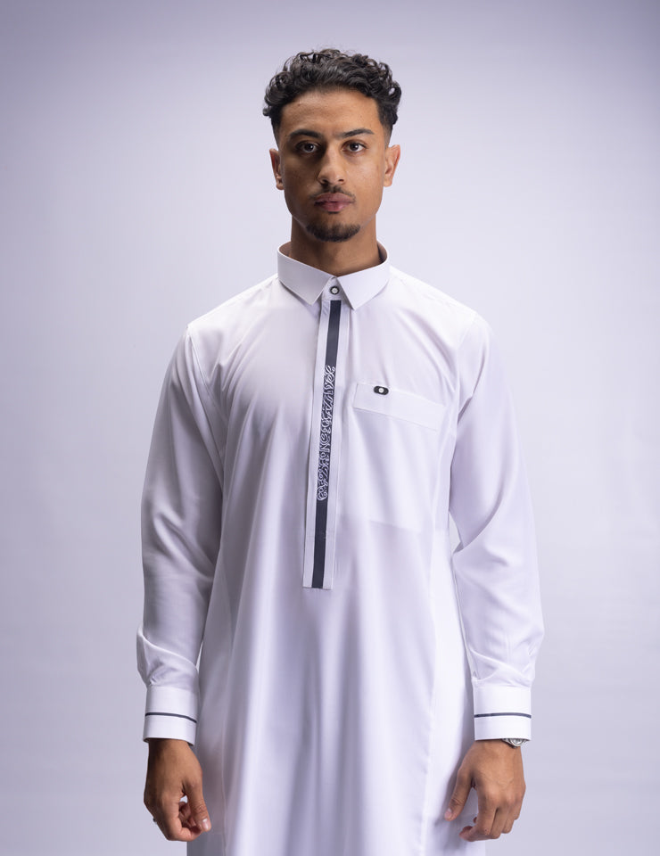 Amaani Ace Thobe in white, men's shirt collar thobe with Arabic embroidered placket, South Africa