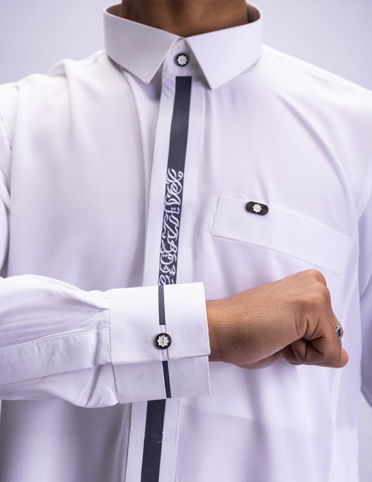 White Ace Thobe by Amaani, embroidered placket and tailored silhouette, premium men's thobe SA