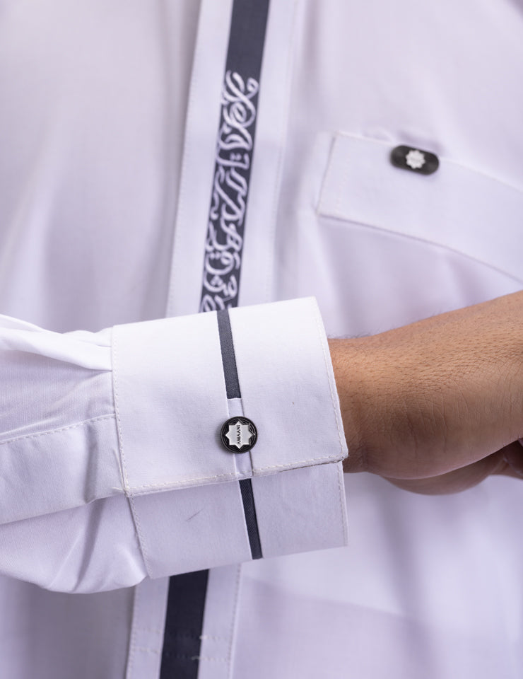 Amaani Ace Thobe in white with signature buttons at collar and top pocket, men's thobe South Africa