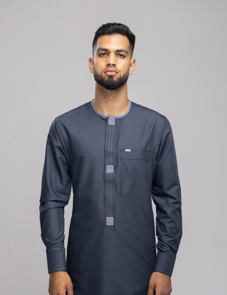 Amaani Dune Thobe in soft grey, collarless men's thobe with intricate placket, South Africa