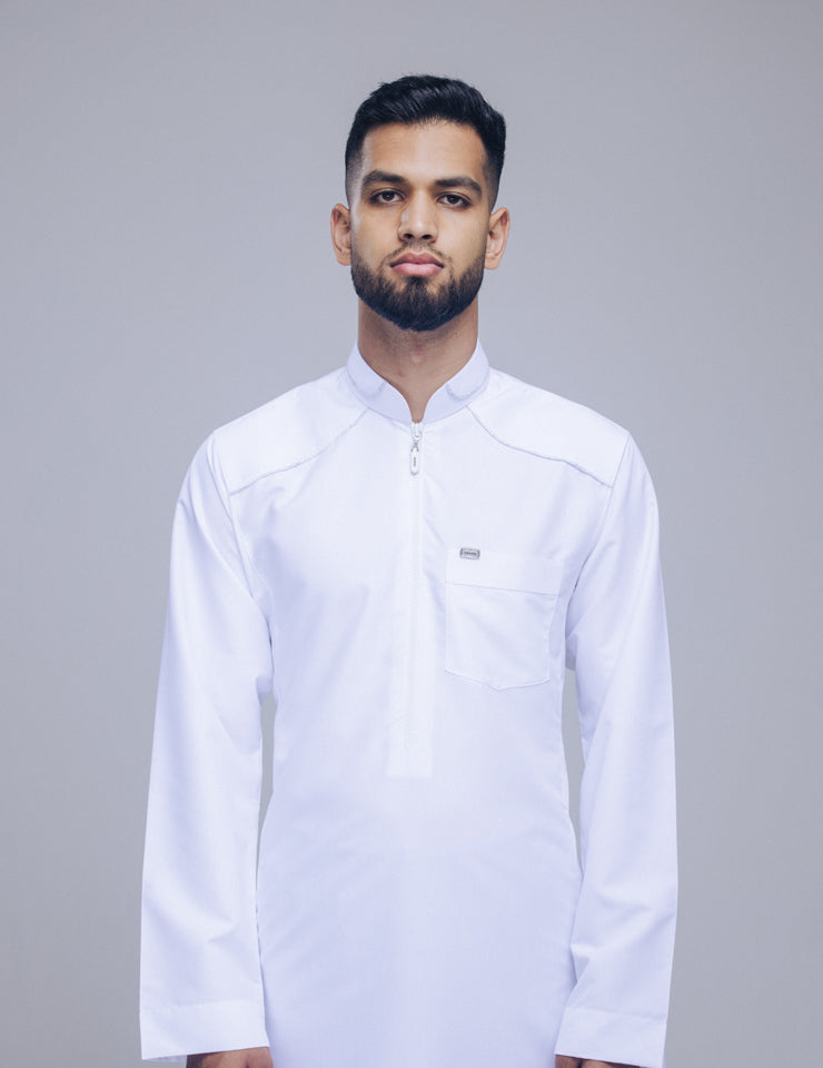 Amaani Edge Kids Thobe in crisp white - boys thobe with signature zip and side pockets, South Africa