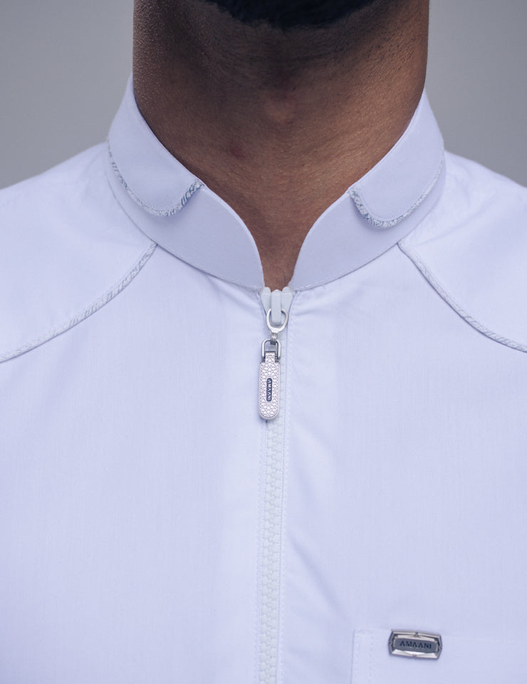 Amaani Edge Kids Thobe, white colourway from another angle - urban style kids thobe, South Africa