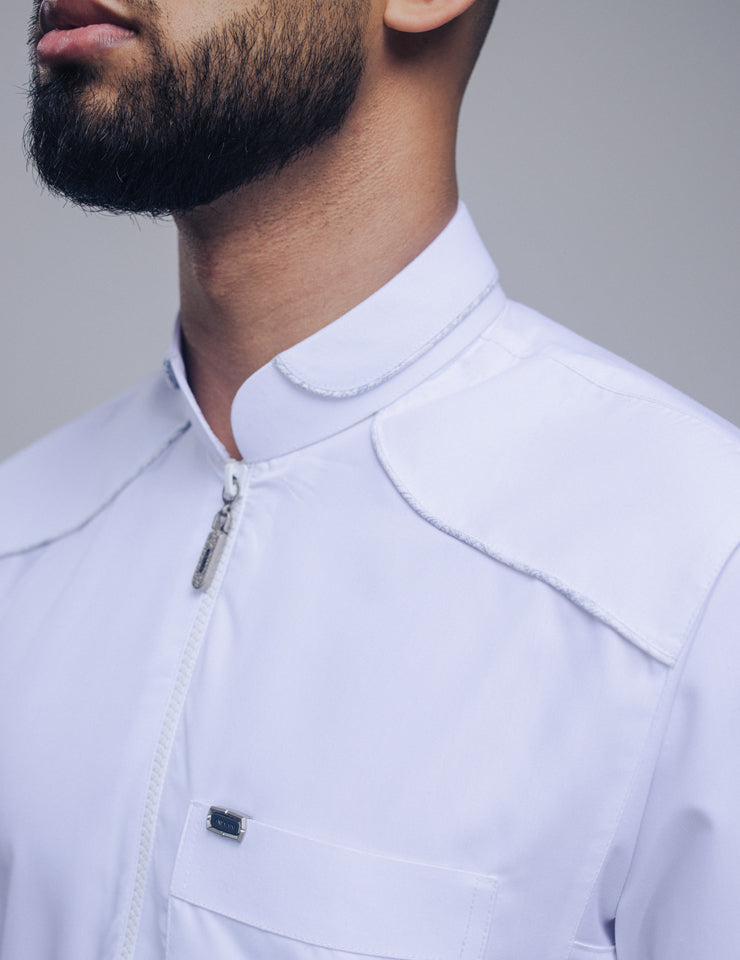 Amaani Edge Kids Thobe in white, further view - mandarin collar boys thobe for Eid, South Africa