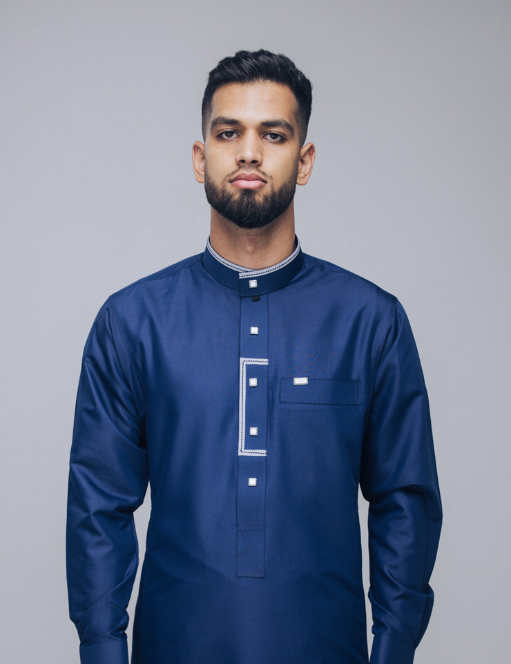 Amaani Elegance thobe in navy with patterned collar, placket and cuffs