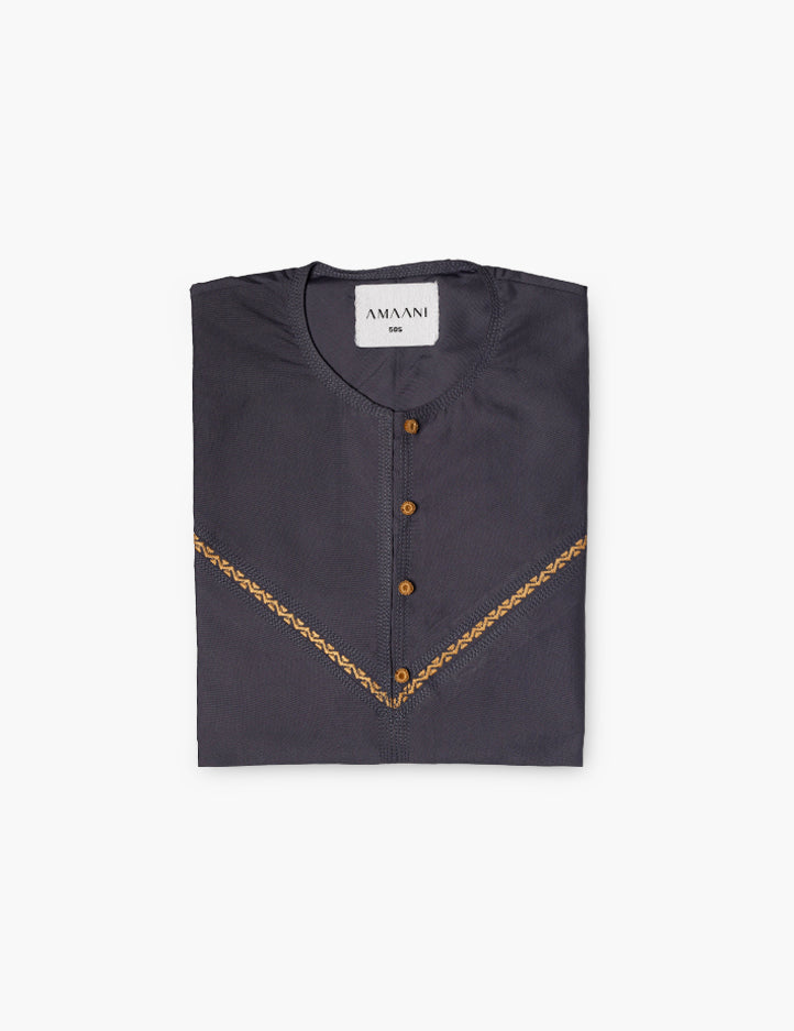 Amaani Prism Kandura in slate grey with contrast embroidery along the placket and sleeves