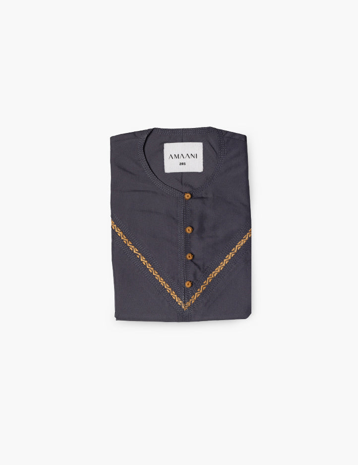 Amaani Prism Kandura Kids in slate grey, boys Emirati thobe with contrast embroidery on the placket