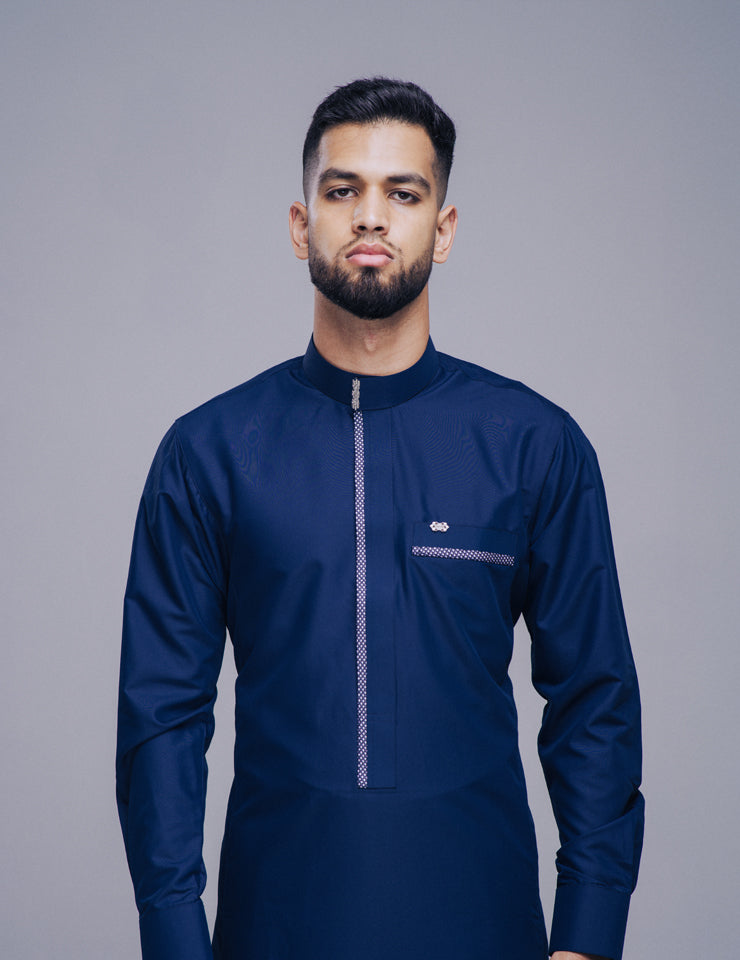 Amaani Noble Thobe in deep navy with silver signature buttons, Saudi collar men's thobe SA