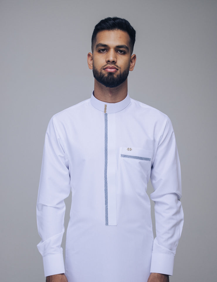 Amaani Noble Thobe in crisp white with gold signature buttons, Saudi collar thobe South Africa