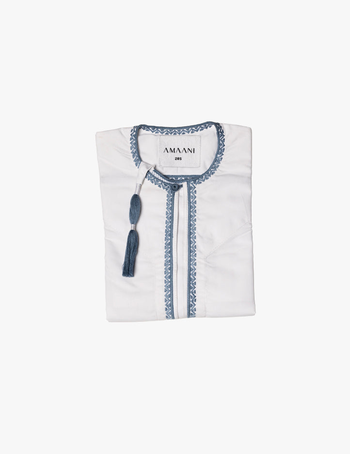 Amaani Topaz Omani Kids thobe in crisp white with cerulean blue placket contrast, boys sizes