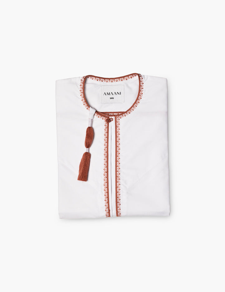 Amaani Desert Coral Omani thobe in crisp white with coral embroidery contrast on placket and cuffs