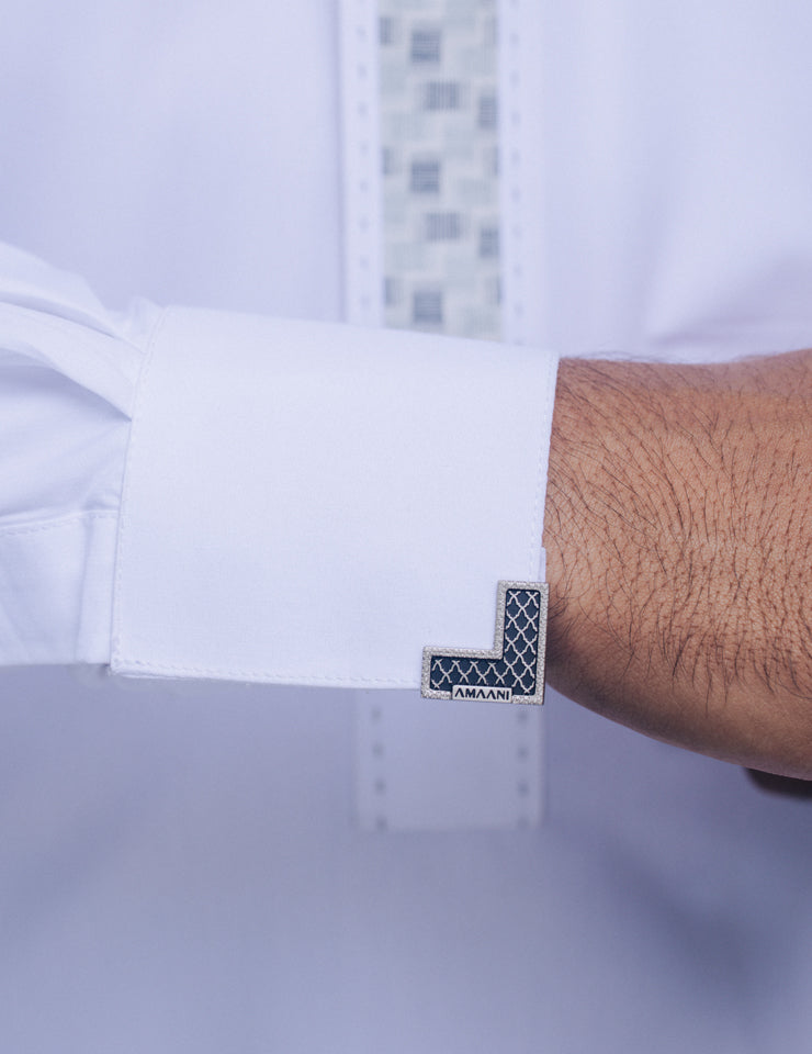 White Amaani Onyx Thobe cuff detail with Amaani Signature Button