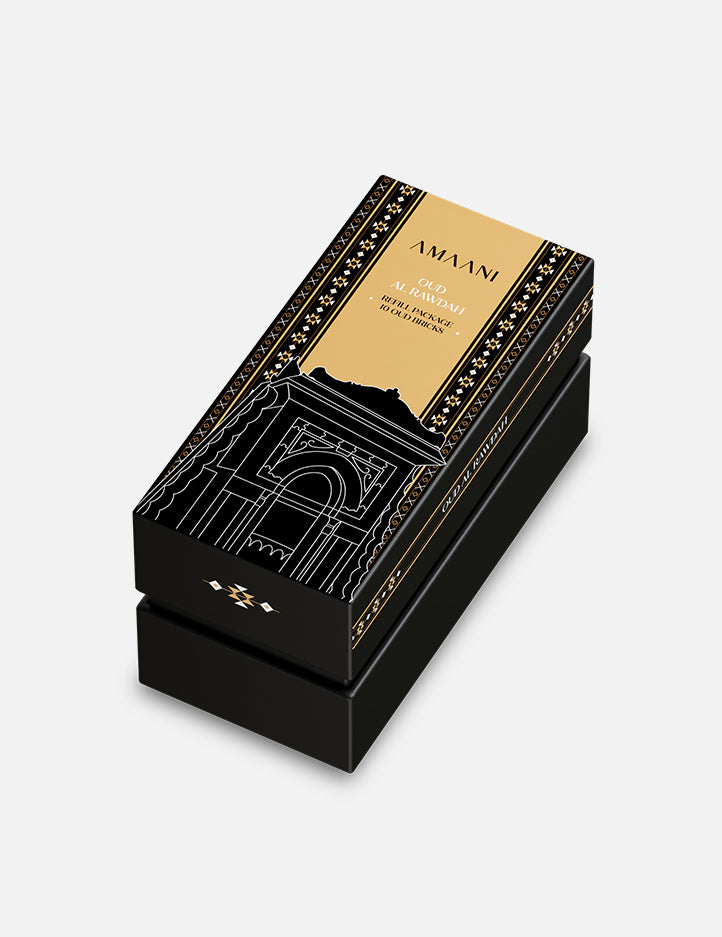 Amaani Oud Al Rawdah refill bricks, fine Indian agarwood and ambergris bakhoor blend