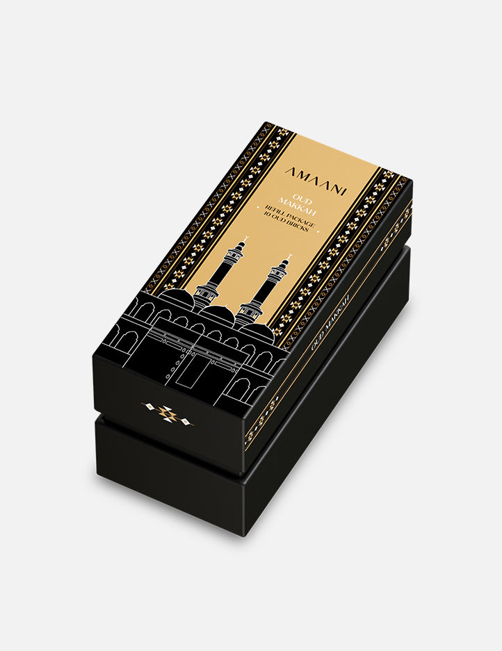 Amaani Oud Makkah refill bricks, raspberry and cypress top notes with musk and agarwood