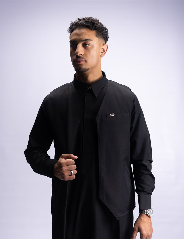 Amaani Ameer Thobe with waistcoat in black, layered men's Nikah ensemble, South Africa