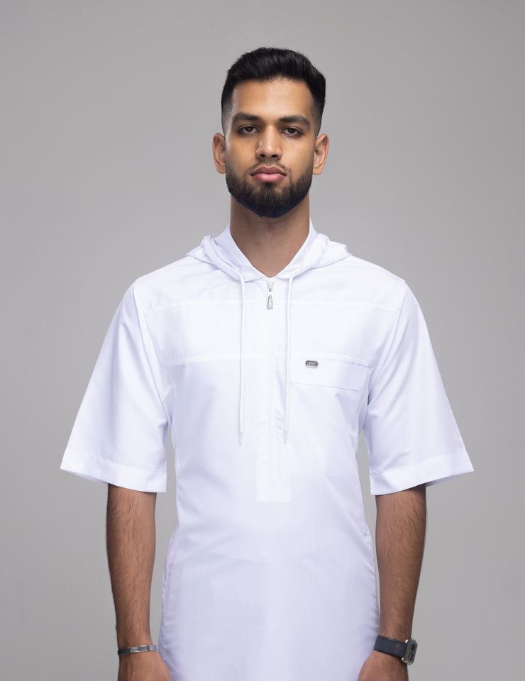Amaani Drift Short Sleeve Thobe in white - lightweight men's thobe with signature zipper, South Africa