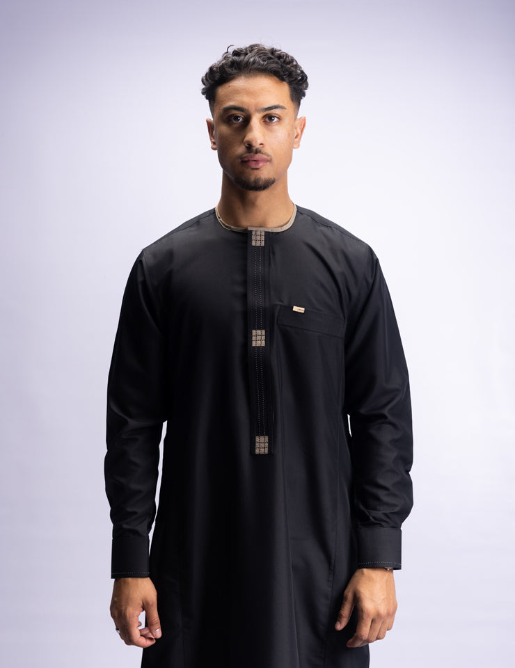 Amaani Dune Thobe, collarless men's thobe with intricate placket design, South Africa