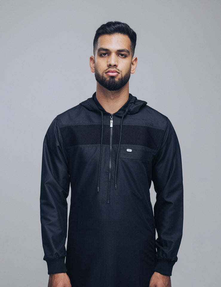 Amaani Drift Hoody Thobe in black - hooded men's thobe with signature zipper, South Africa
