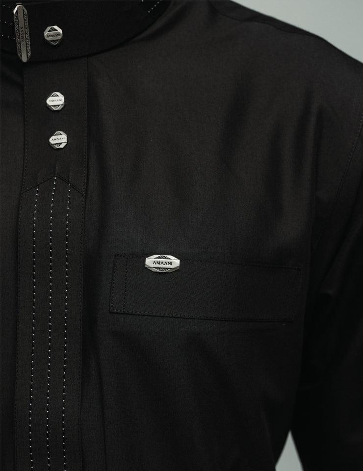 Amaani Hubb Thobe, black colourway from an alternate angle - tailored nikah thobe, South Africa