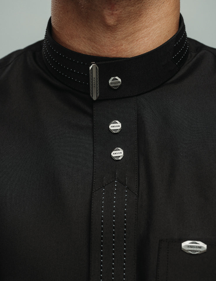 Black Amaani Hubb Thobe - signature buttons at collar and cuff on a groom's thobe, South Africa