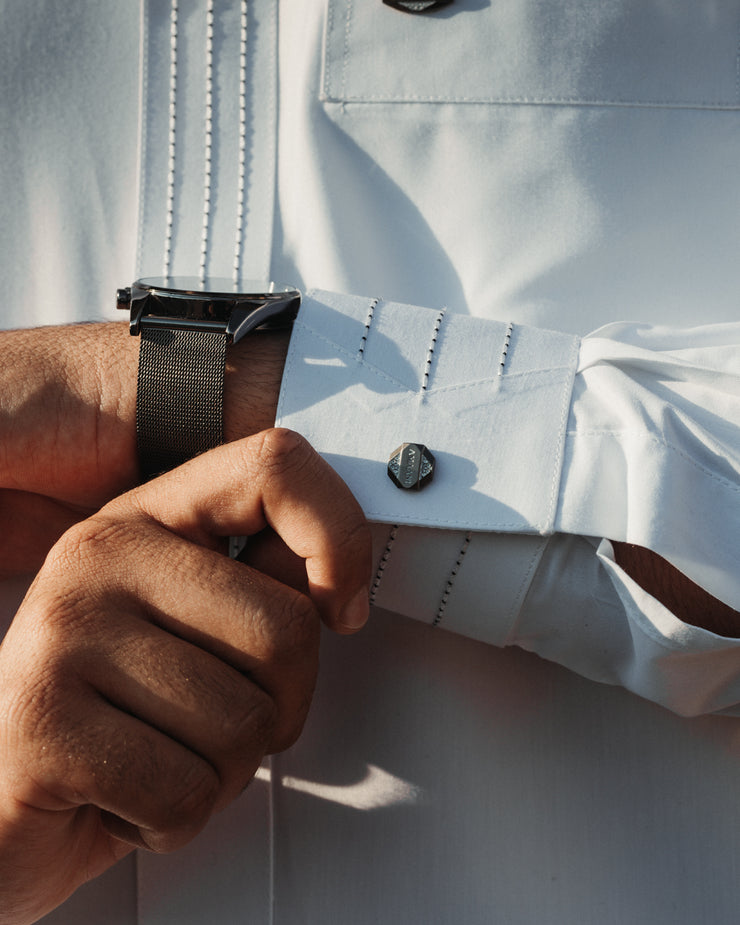 Amaani Hubb Thobe in crisp white, second styled view - tailored men's nikah thobe, South Africa