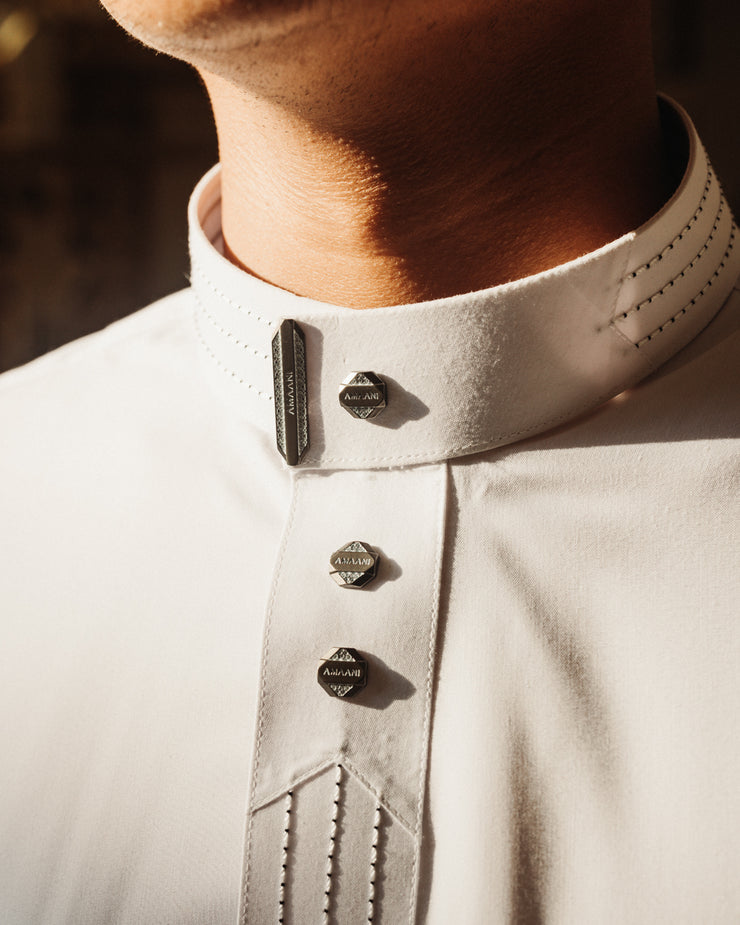 White Hubb Thobe by Amaani, further angle - refined premium thobe for grooms, South Africa