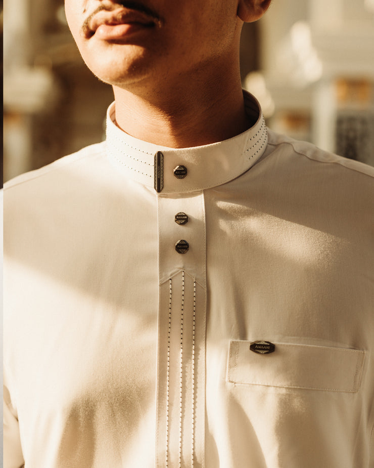 Amaani Hubb Thobe, white colourway, additional view - sleek modern nikah thobe, South Africa