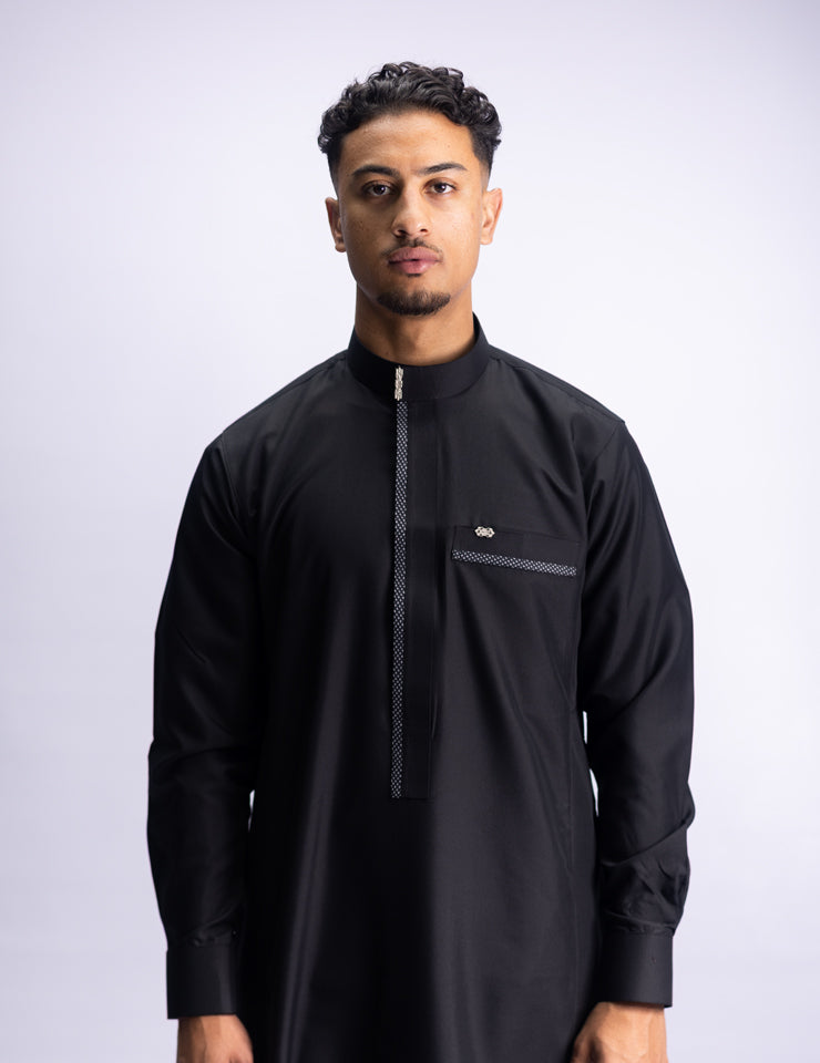 Amaani Noble Thobe in black, Saudi collar men's thobe with silver signature buttons, South Africa