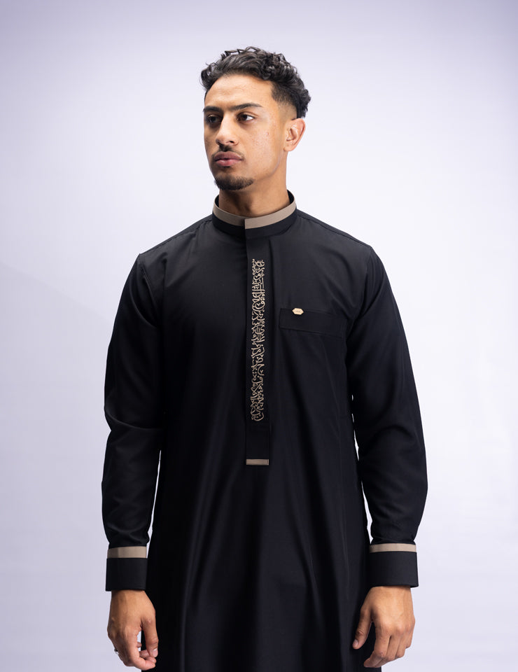 Amaani Noir Thobe in obsidian black, Arabic script embroidered placket, men's thobe South Africa
