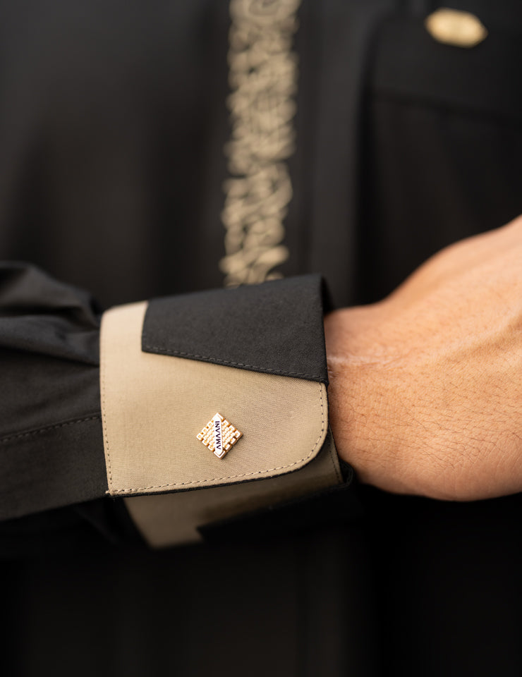 Black Noir Thobe by Amaani, signature buttons at top pocket and cuff, men's thobe South Africa