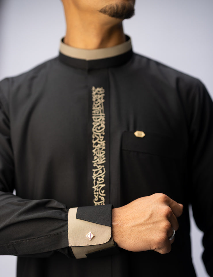 Black Amaani Noir Thobe, heritage inspired Arabic embroidery on a modern men's thobe, South Africa
